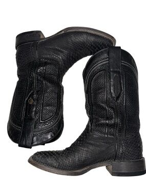 Texas Country Python Black Textured Leather Western Cowboy Boots & Belt